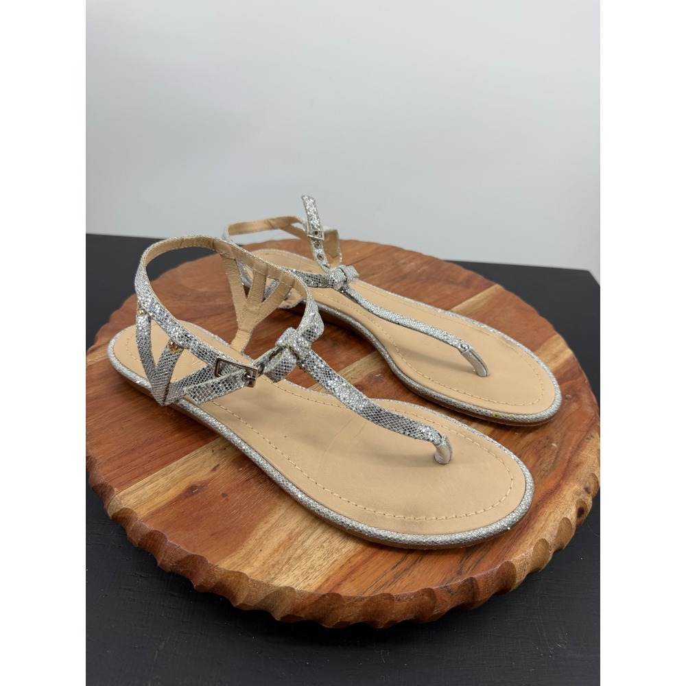 Kate Spade T-Strap Bow Sandals Women 10M Silver Glitter Snakeskin Flat Shoes